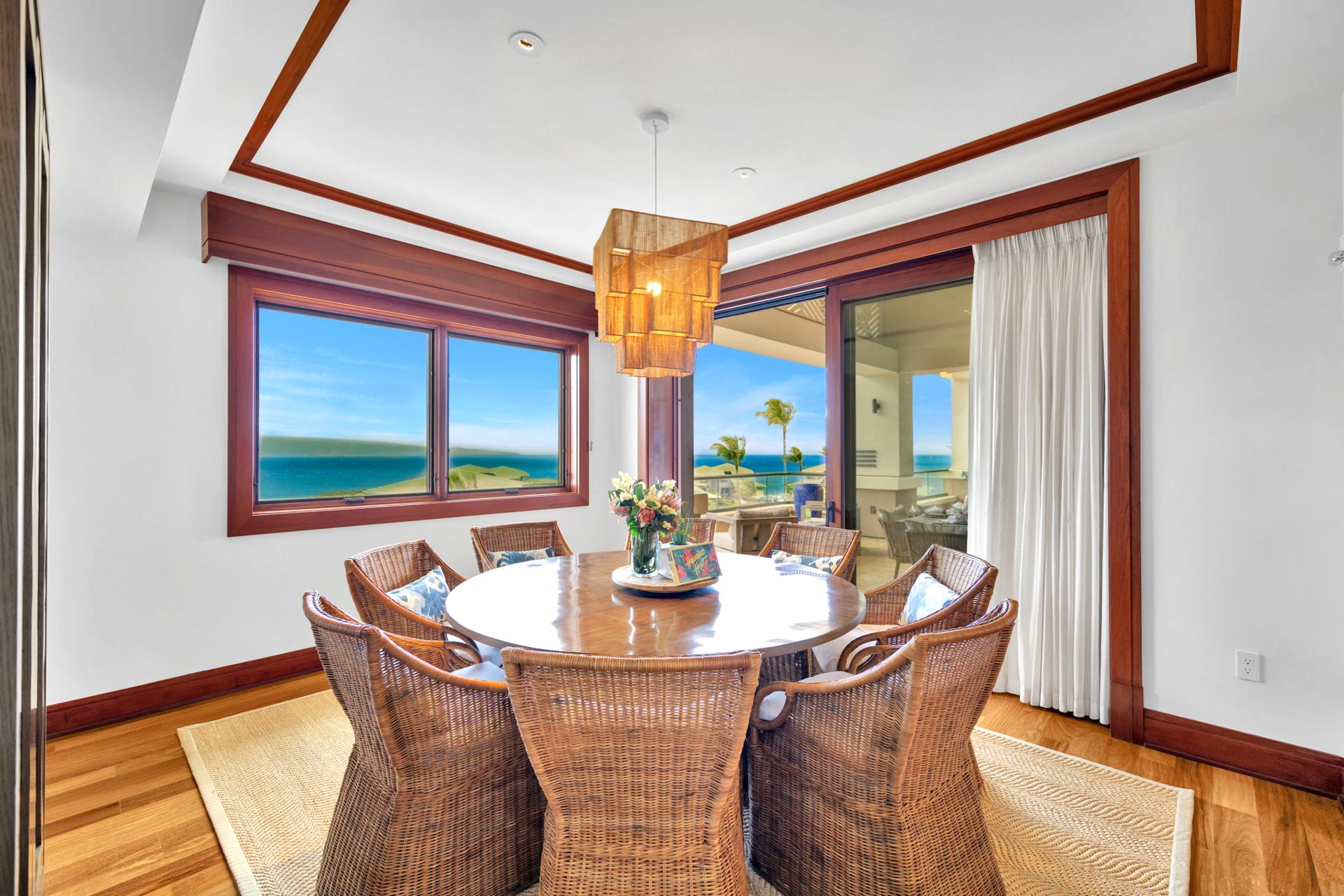 Dining area with natural textures and ocean-facing windows for vibrant meals