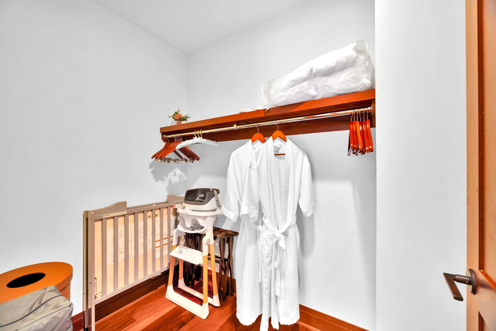 Enjoy comfortable features such as additional hangers and plush robes during your stay