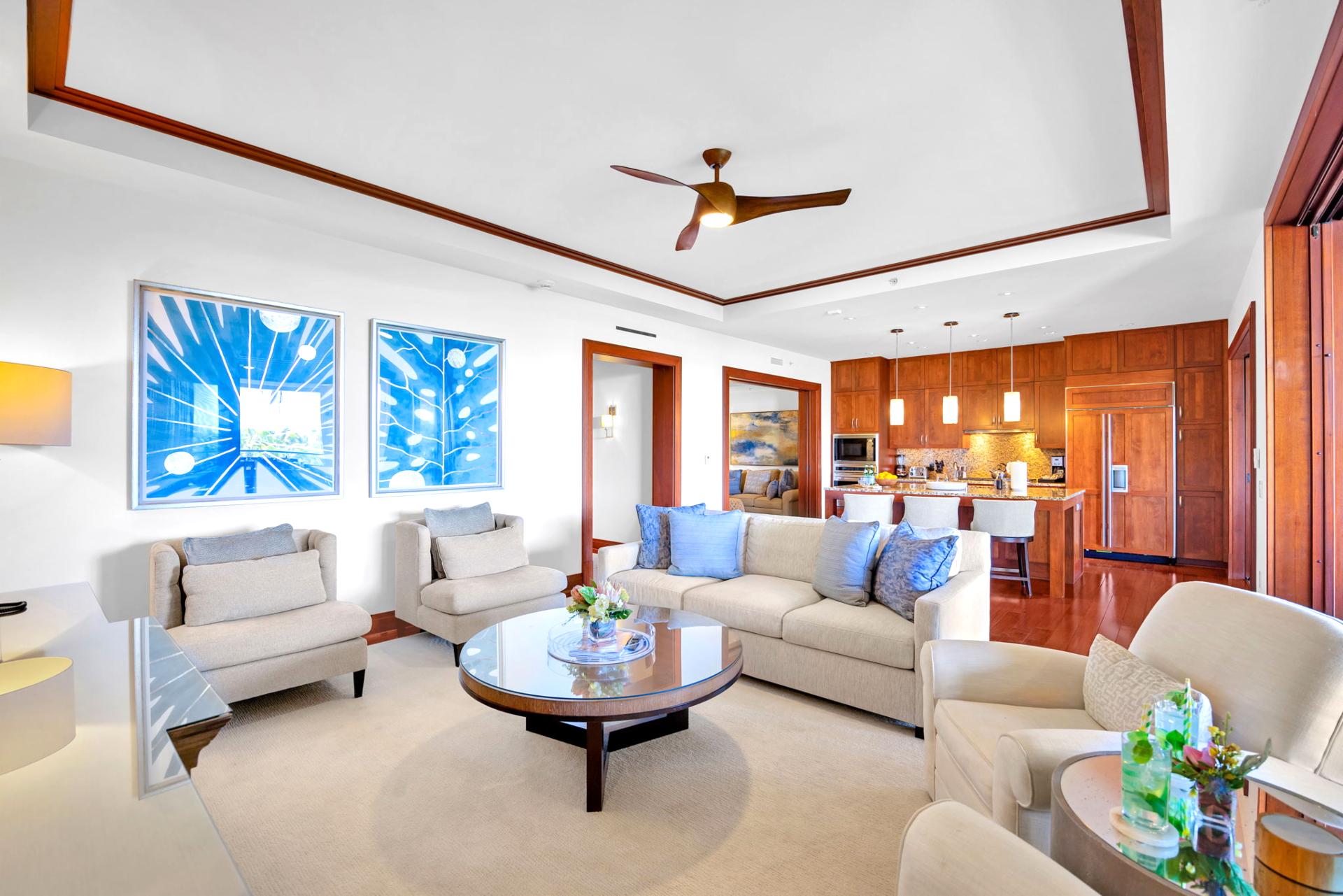 The tastefully decorated living room invites you and your guests to relax