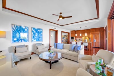 The tastefully decorated living room invites you and your guests to relax