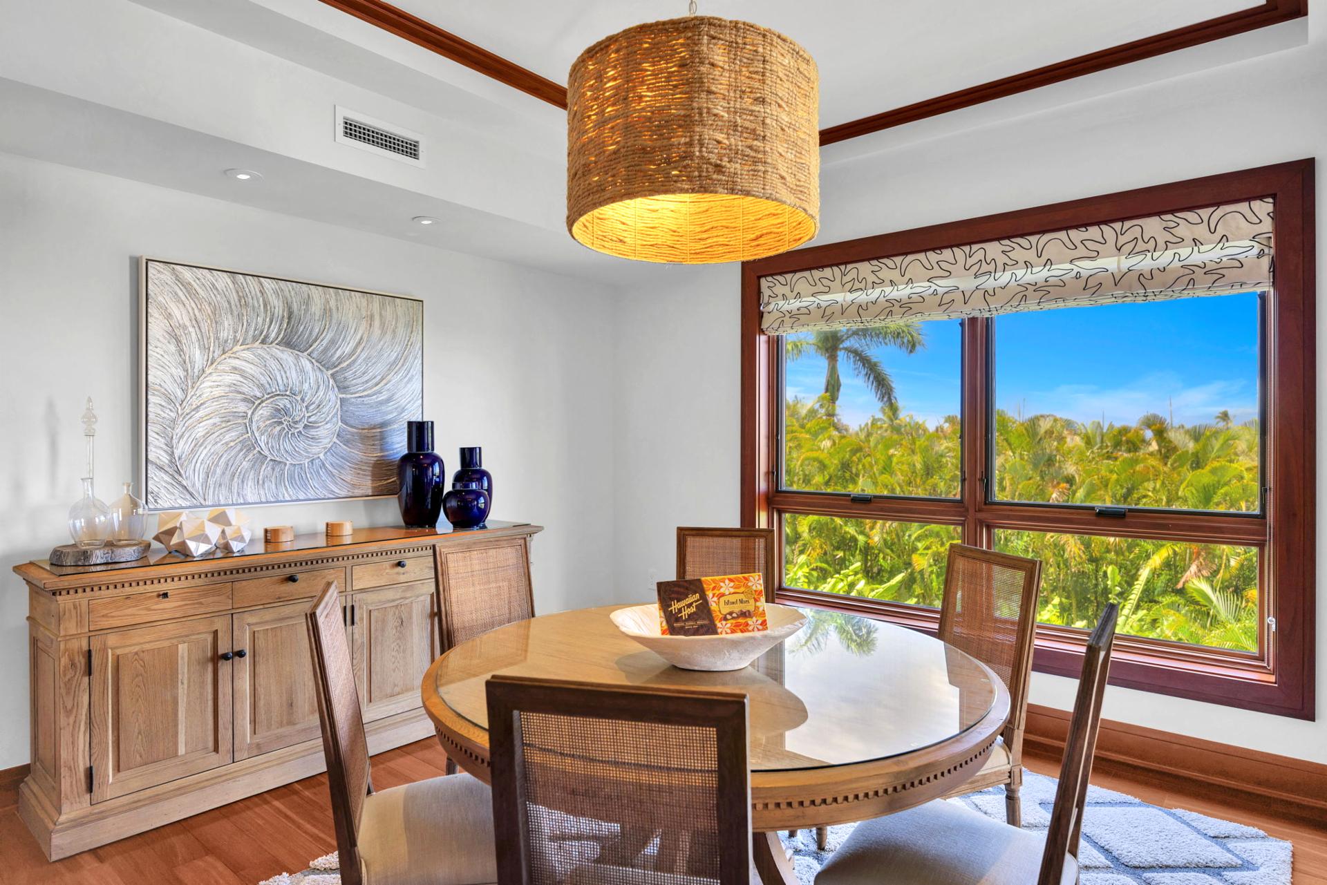 Island-style dining with rich wood accents