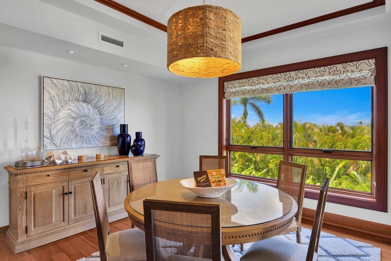 Island-style dining with rich wood accents