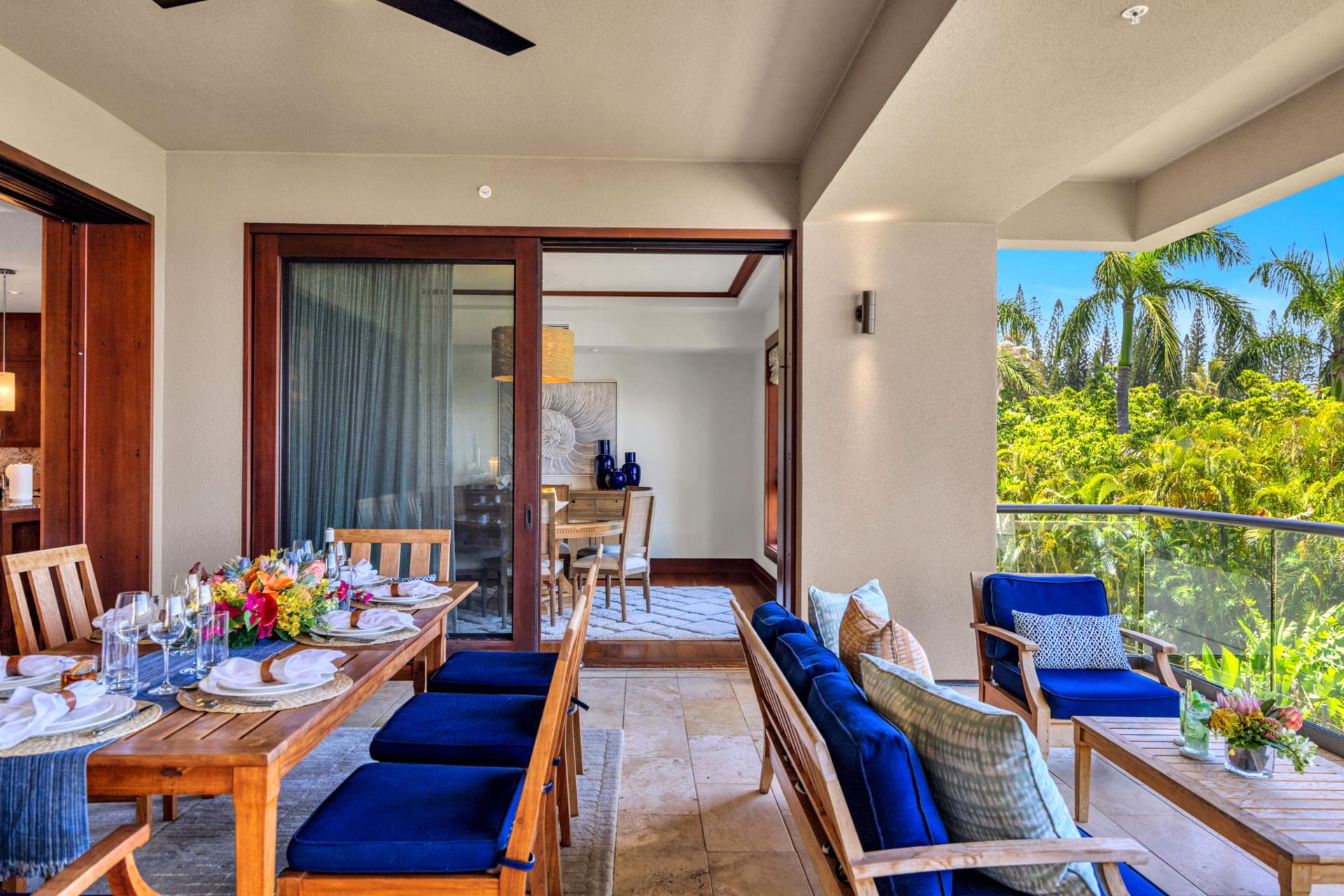 The lanai features comfortable furnishings, perfect for relaxing after a day spent exploring Maui