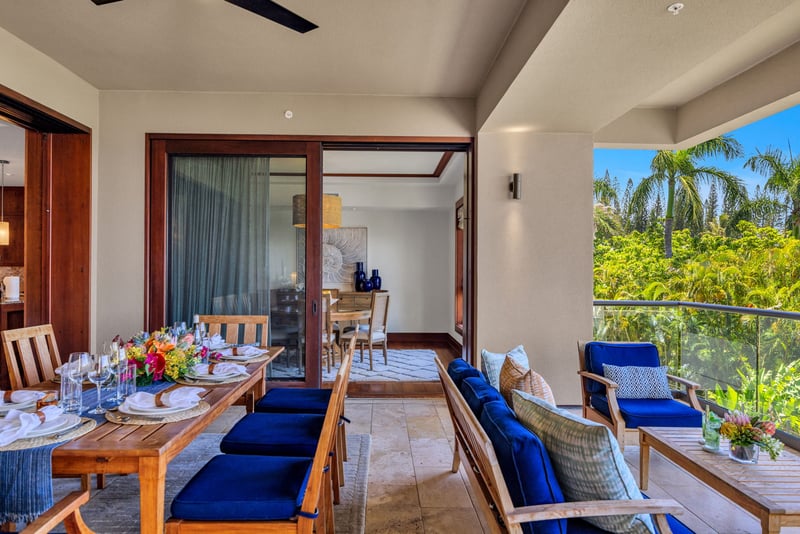 The lanai features comfortable furnishings, perfect for relaxing after a day spent exploring Maui