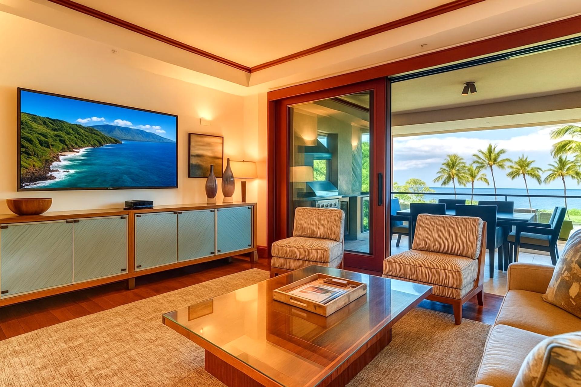 With wood beams, cozy scenes, and a breeze on standby, this living room practically hands you a coconut drink