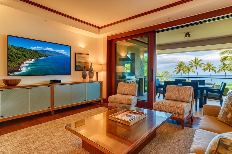 With wood beams, cozy scenes, and a breeze on standby, this living room practically hands you a coconut drink