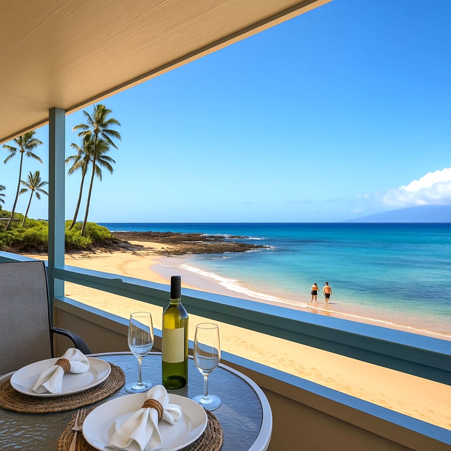 Enjoy wine and ocean breezes from your lanai, perched above a secluded beach with views of Molokai in the distance