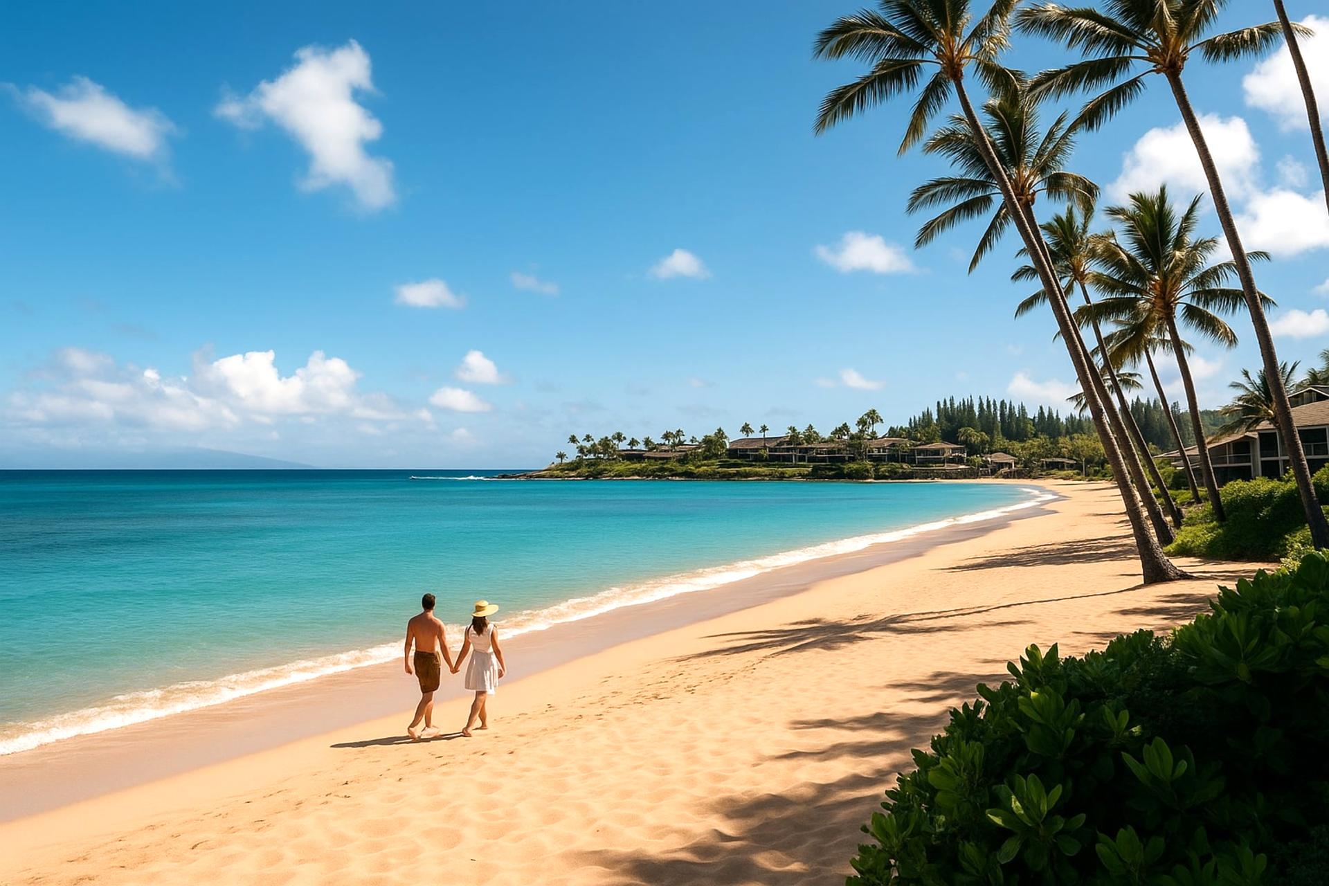 Stroll Napili Bay at sunrise, where warm sand, calm waves, and coastal charm create perfect serenity