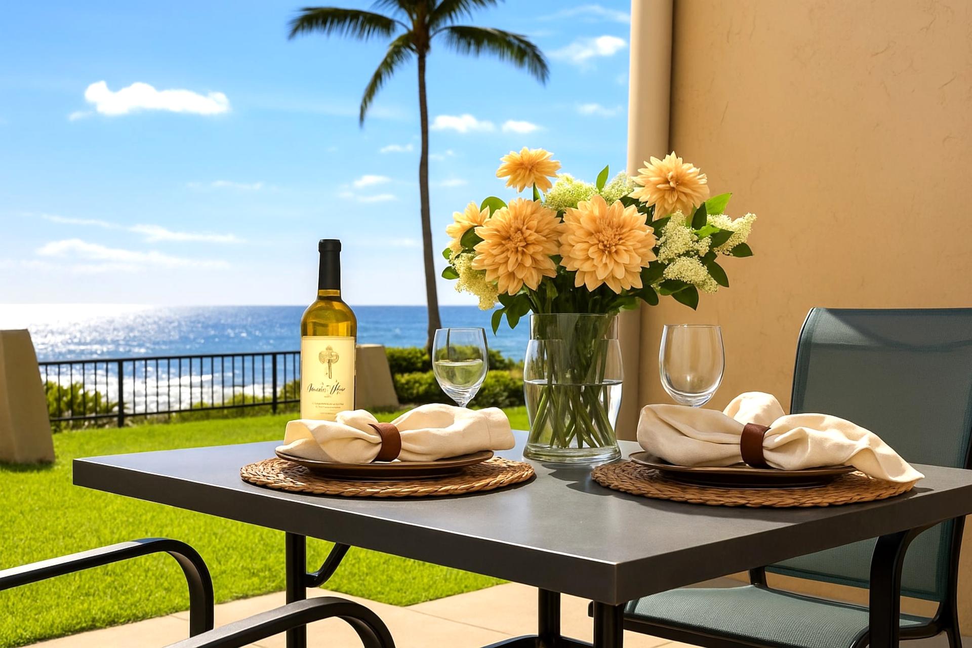 Unwind on this breezy oceanfront lanai, where every meal is enhanced by lush garden views, sea-kissed air, and serene island vibes     NAP-B26