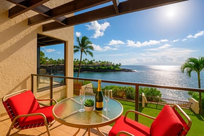 Unwind on this oceanfront lanai with bold red loungers, panoramic coastal views, and golden-hour light on the water NAP-C18