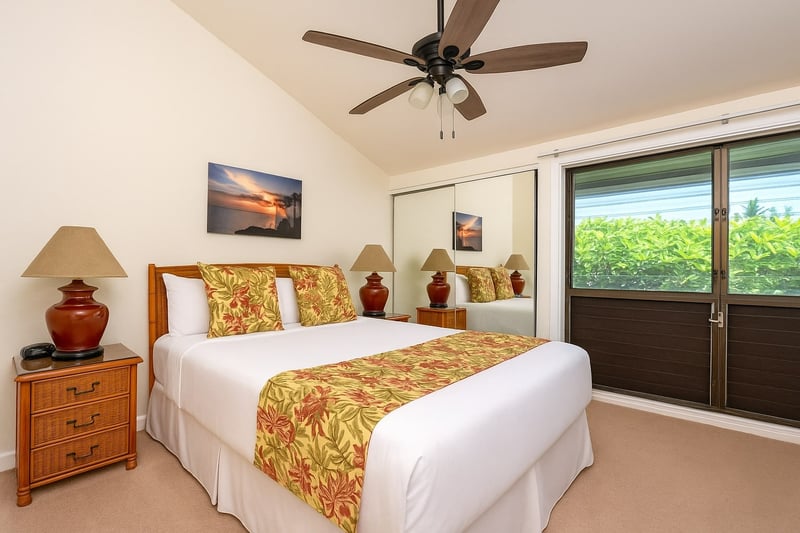 Relax in this warm master suite with vibrant accents, mirrored closet, ceiling fan, and lush window views NAP-C18