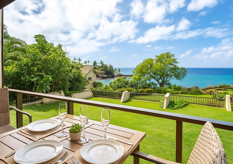 From this tranquil lanai, take in the layered beauty of gardens, pool, and ocean stretching endlessly to the horizon NAP-C43