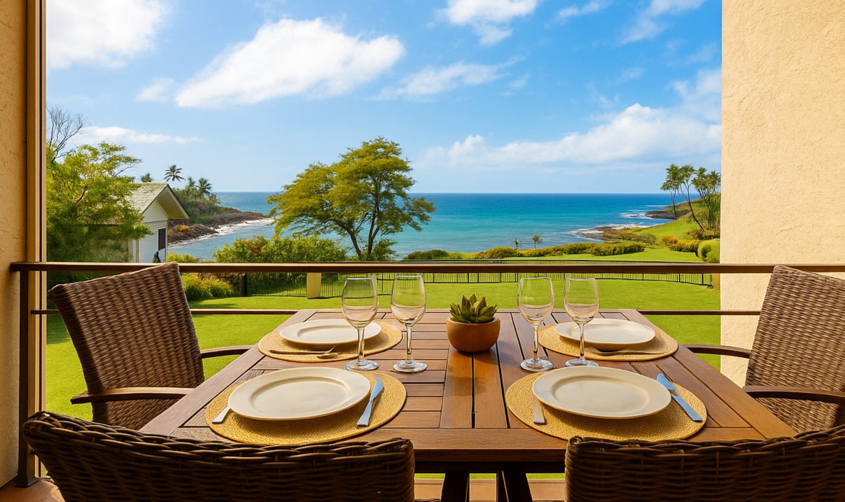 Enjoy island dining framed by emerald lawns, swaying palms, and uninterrupted views of Maui’s deep blue coastline