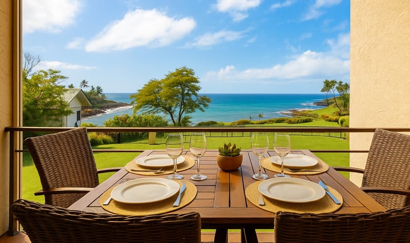 Enjoy island dining framed by emerald lawns, swaying palms, and uninterrupted views of Maui’s deep blue coastline