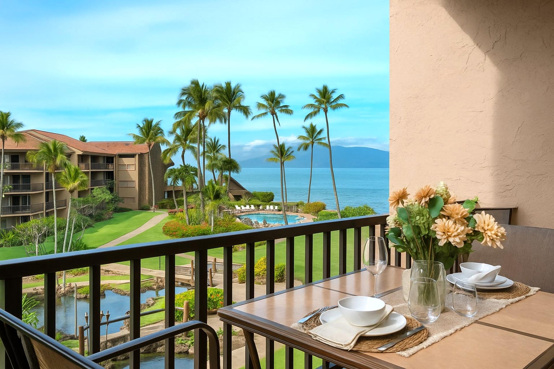 Wake up to panoramic views of the ocean, tropical gardens, and poolside bliss from your breezy, private lanai