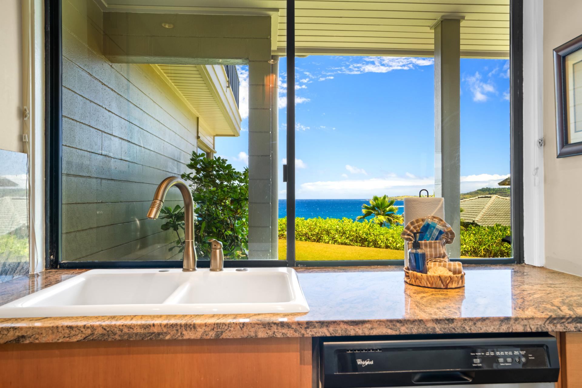 Enjoy ocean views from the kitchen as well as the dining and living areas