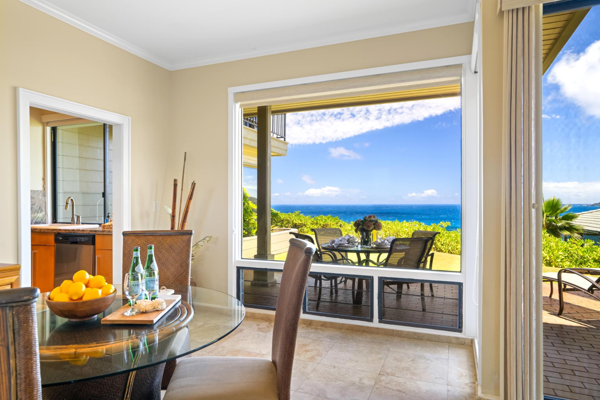 Dine indoors with expansive windows framing picturesque island views