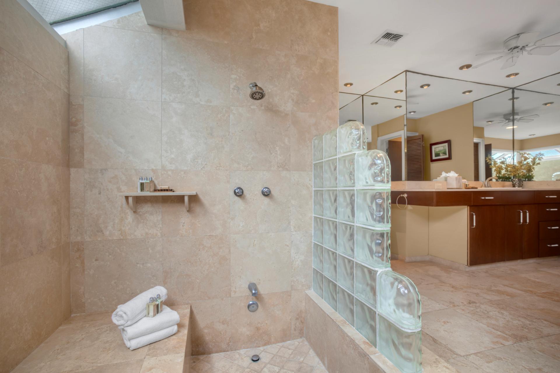 Refresh in a serene bathroom retreat with a glass block shower and modern vanity