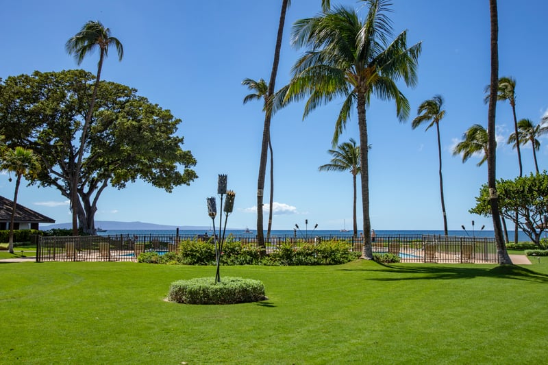 Tiki torches stand like guardians of sunset stories, ready to light the lawn when twilight paints the sea in gold