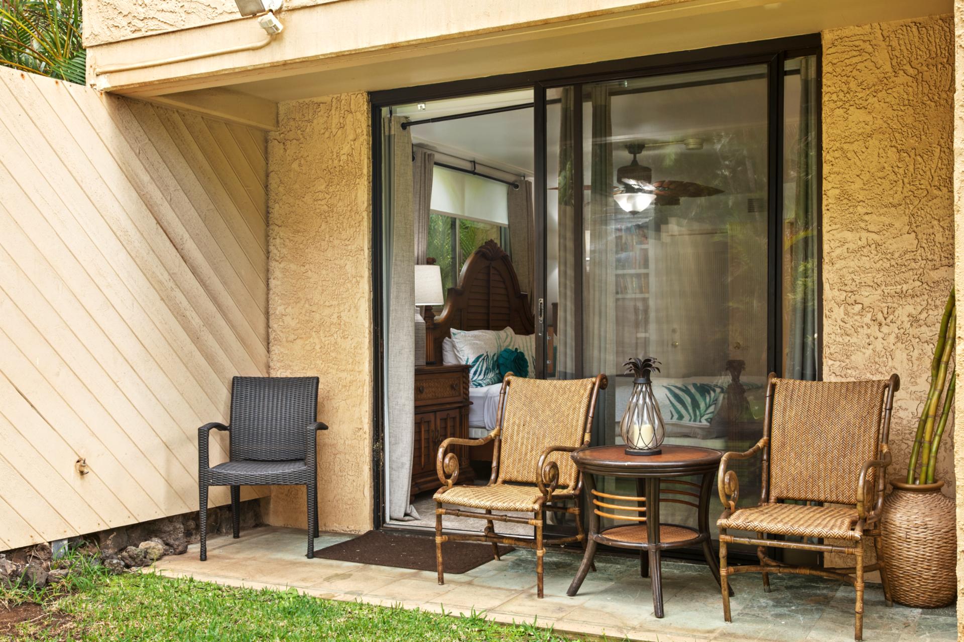 Enjoy outdoor island living with multiple private lanai spaces surrounded by lush greenery and tropical views. These furnished patios are perfect for morning coffee or sunset dining just steps from the coast.