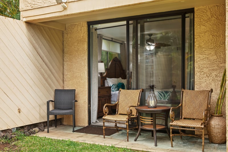 Enjoy outdoor island living with multiple private lanai spaces surrounded by lush greenery and tropical views. These furnished patios are perfect for morning coffee or sunset dining just steps from the coast.