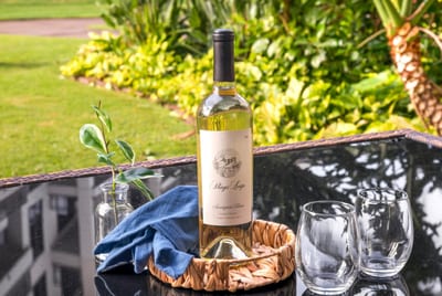 Sip and savor in this intimate lanai setting, where a chilled bottle of Stags’ Leap awaits against a palm-lined view HKH-114