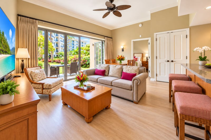 Relax in the spacious, sunlit living area featuring comfortable seating and vibrant, island-inspired decor. HKH-114
