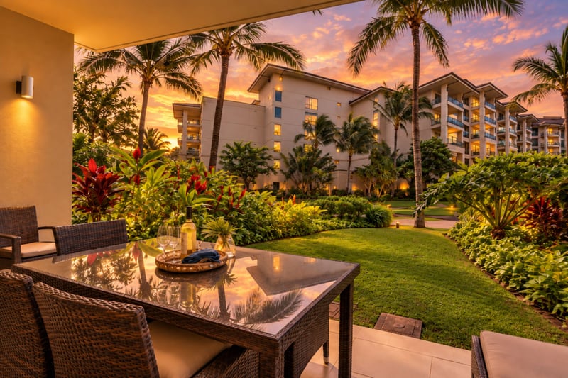 Enjoy tropical evenings dining al fresco on your private, lushly landscaped ground-floor lanai. HKH-114