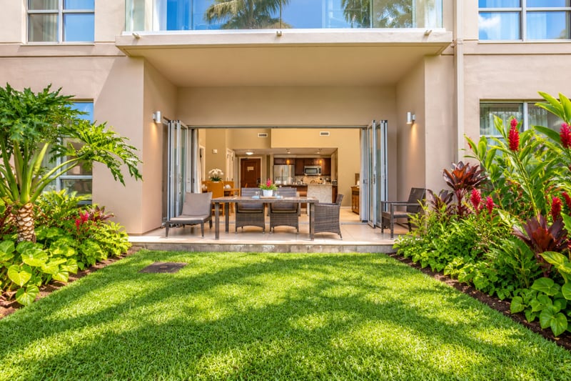 Experience seamless indoor-outdoor living with direct patio access to the resort's beautifully manicured gardens. HKH-114