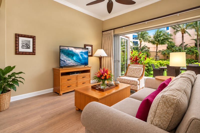 Floor-to-ceiling sliding glass doors bathe the elegant living space in gorgeous natural light. HKH-114
