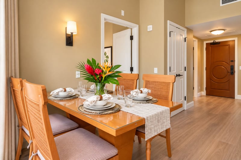 Gather for memorable home-cooked meals at the elegant wooden dining table with comfortable seating for six. HKH-114