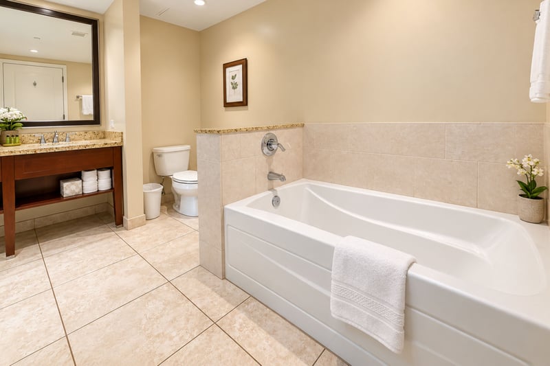 Clean, modern, and bright guest bathroom featuring a convenient combination shower and soaking tub. HKH-114