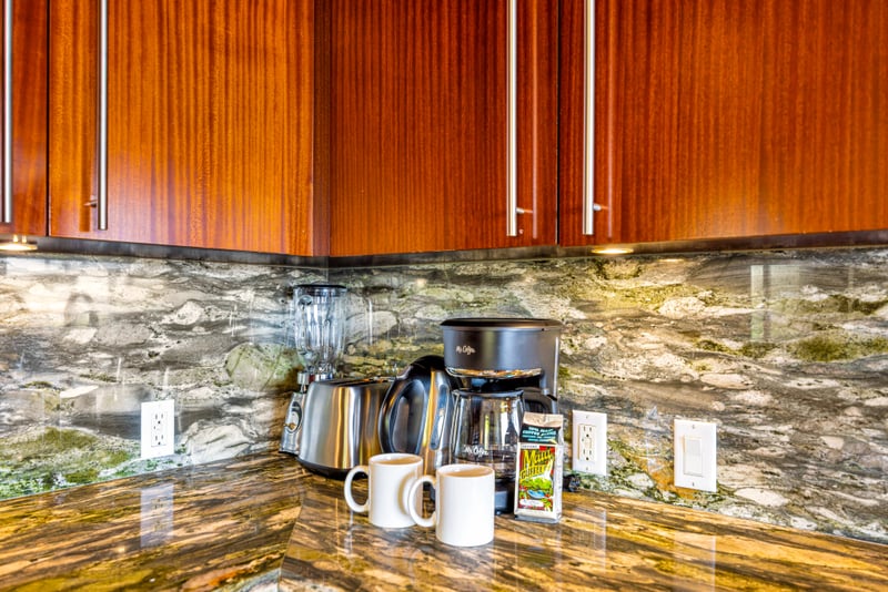 Coffee station at Honua Kai HKH-150 — Mr. Coffee maker, blender, and locally sourced Maui coffee