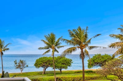 Partial ocean view framed by swaying palms and lush landscaping—your lanai is perfect for morning coffee or sunset drinks.