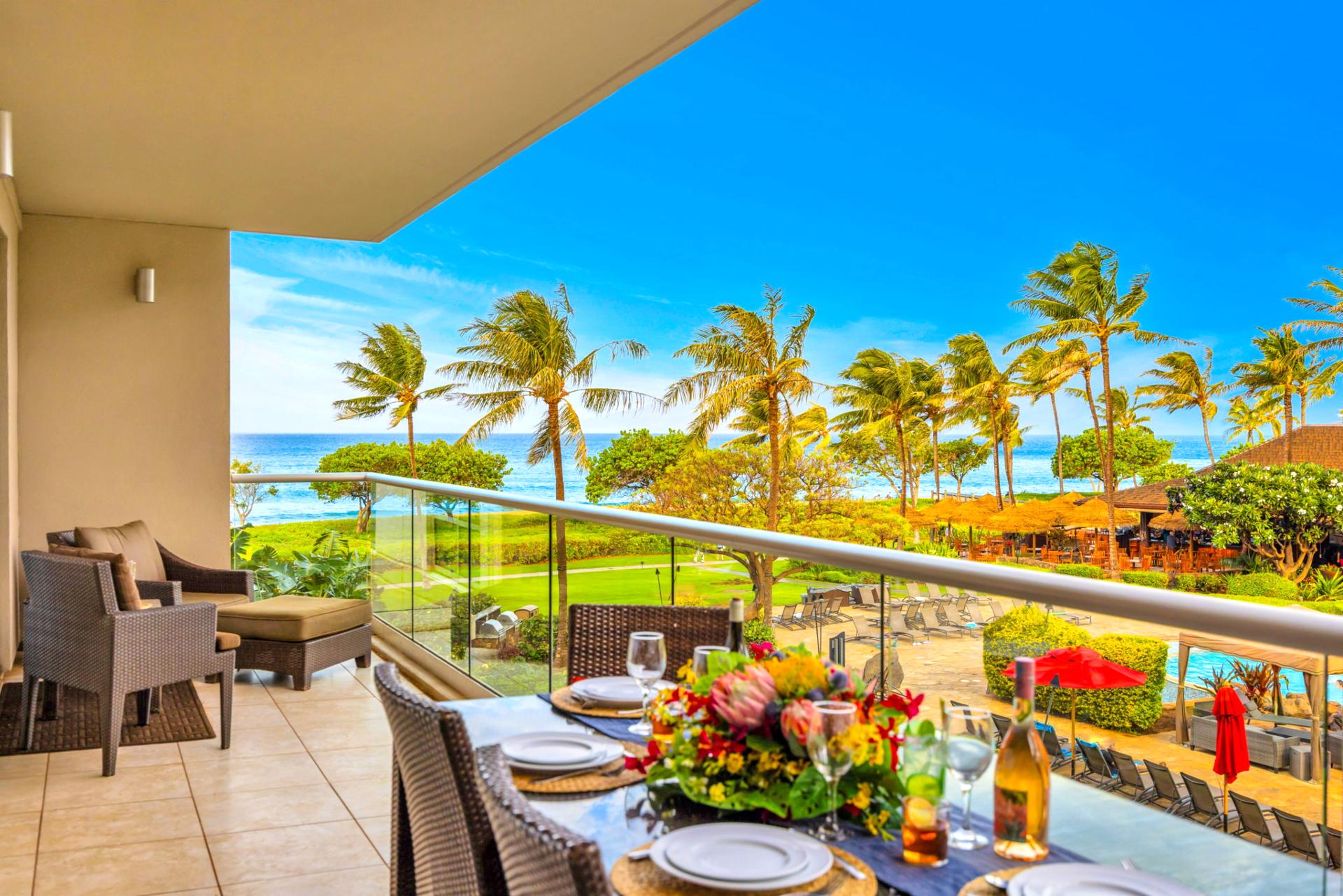 Covered balcony offers a perfect blend of shade and scenery for relaxing or dining al fresco. HKH-203