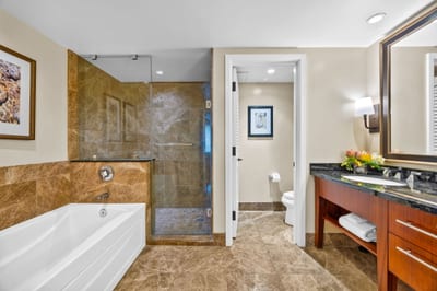 Granite counters and tile finishes make your guest bath feel just as refined as the primary.