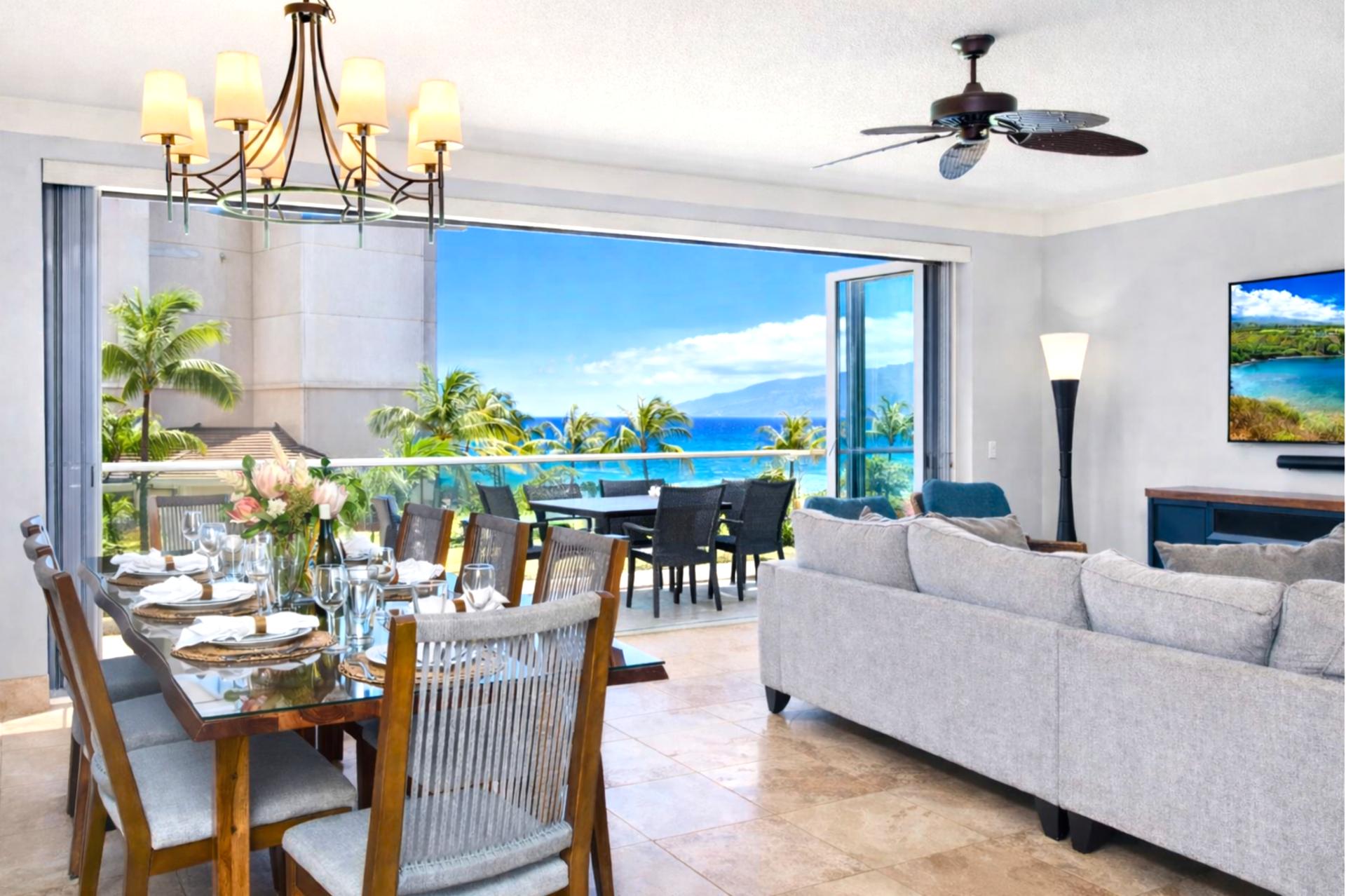 Share stories over dinner with natural light and island views all around