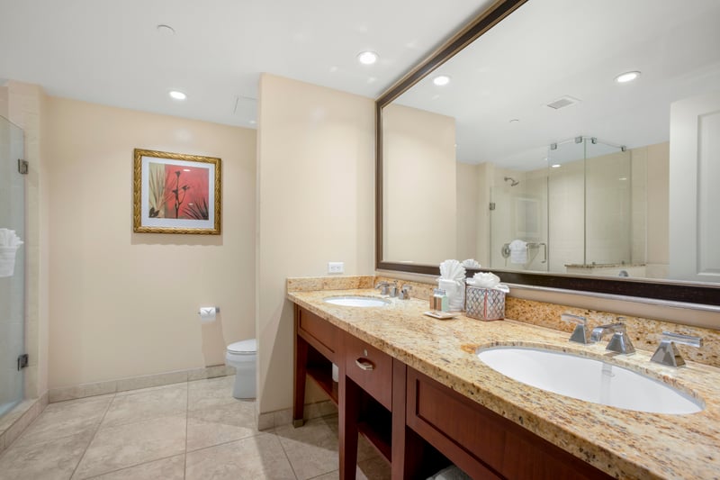 Spacious bathroom with granite double vanity and walk-in glass shower.