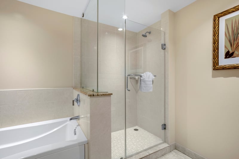 Elegant bathroom with glass shower and deep soaking tub comfort.