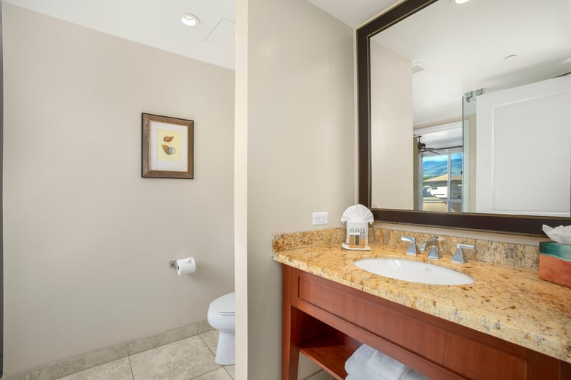 Bright bathroom with granite vanity and scenic suite view reflection.