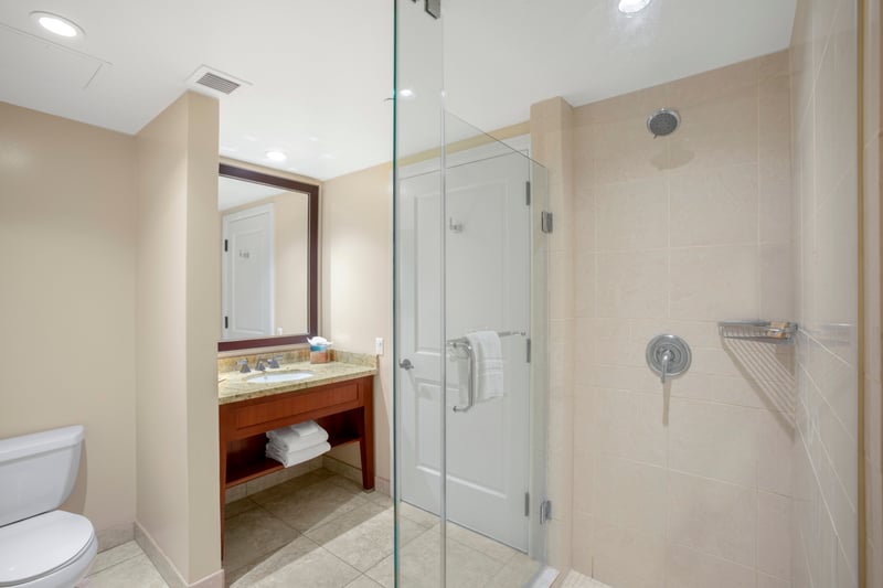 Step-in shower and sleek finishes for easy refreshes.