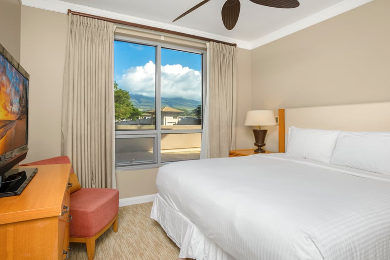 Mountain-view bedroom with cozy comforts and a tropical TV escape.