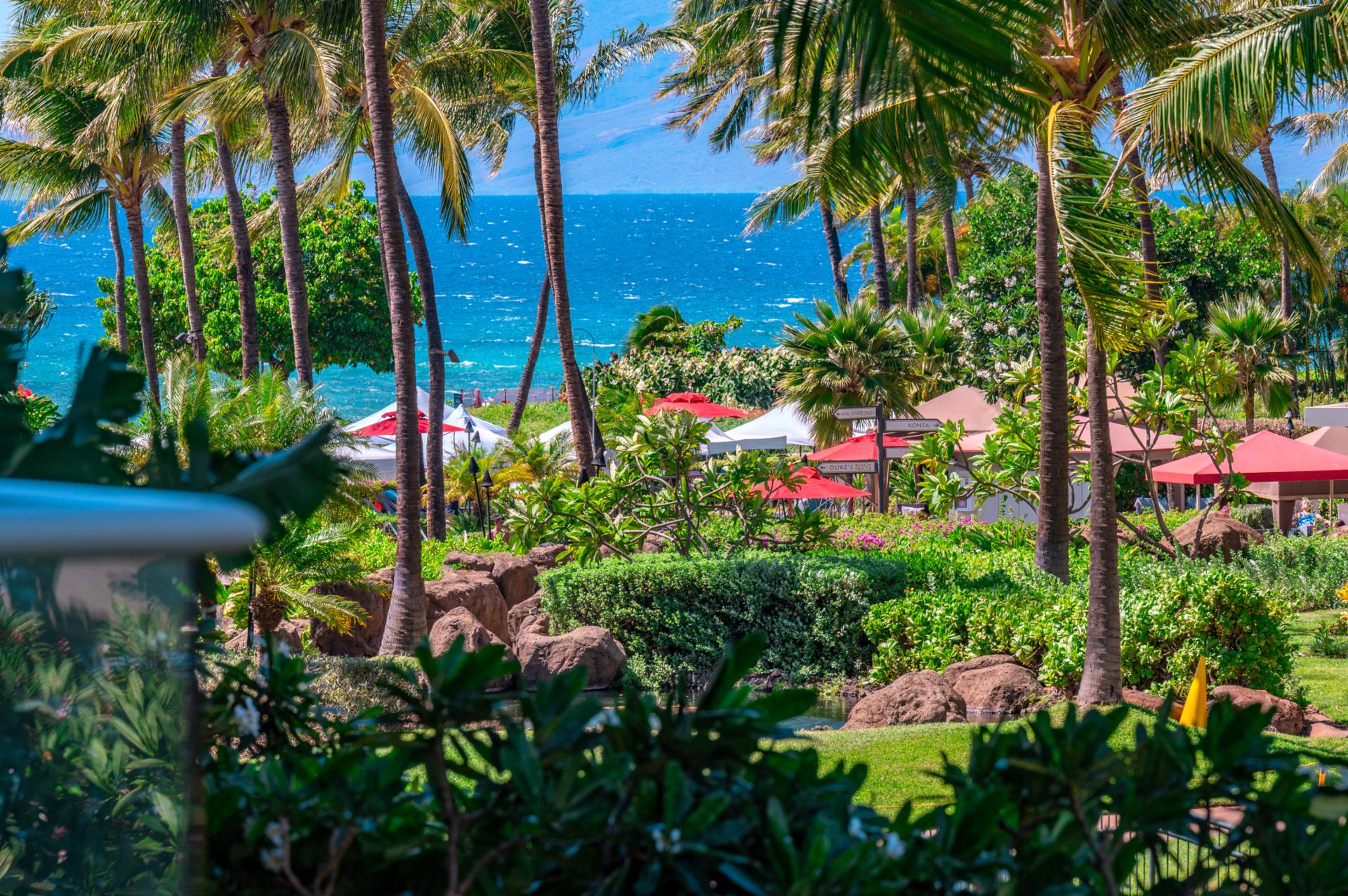 Peekaboo ocean views framed by tropical greenery add a breezy island vibe to your lanai experience.