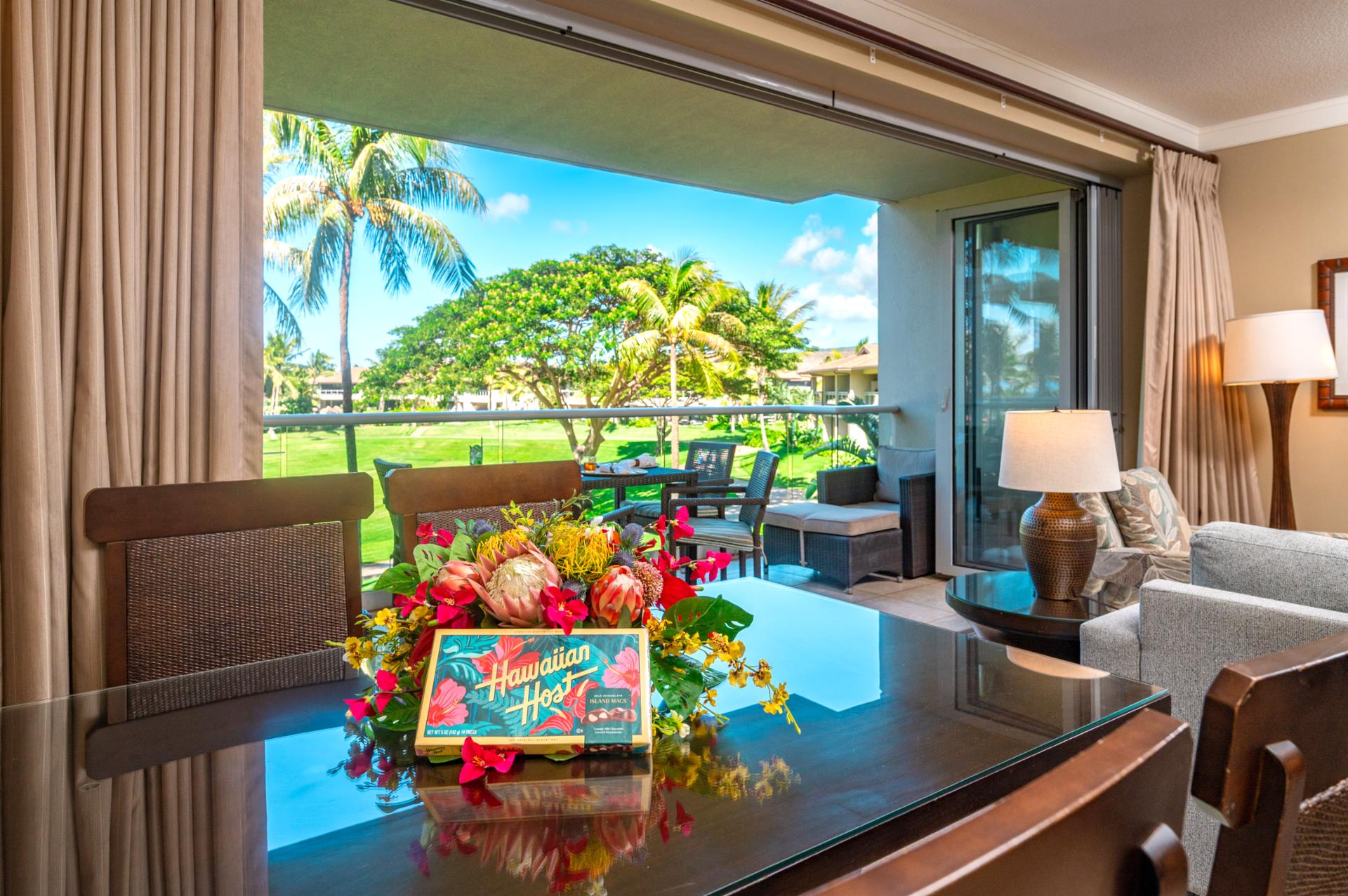 Dining area beside the lanai brings in garden views and natural light for every meal.