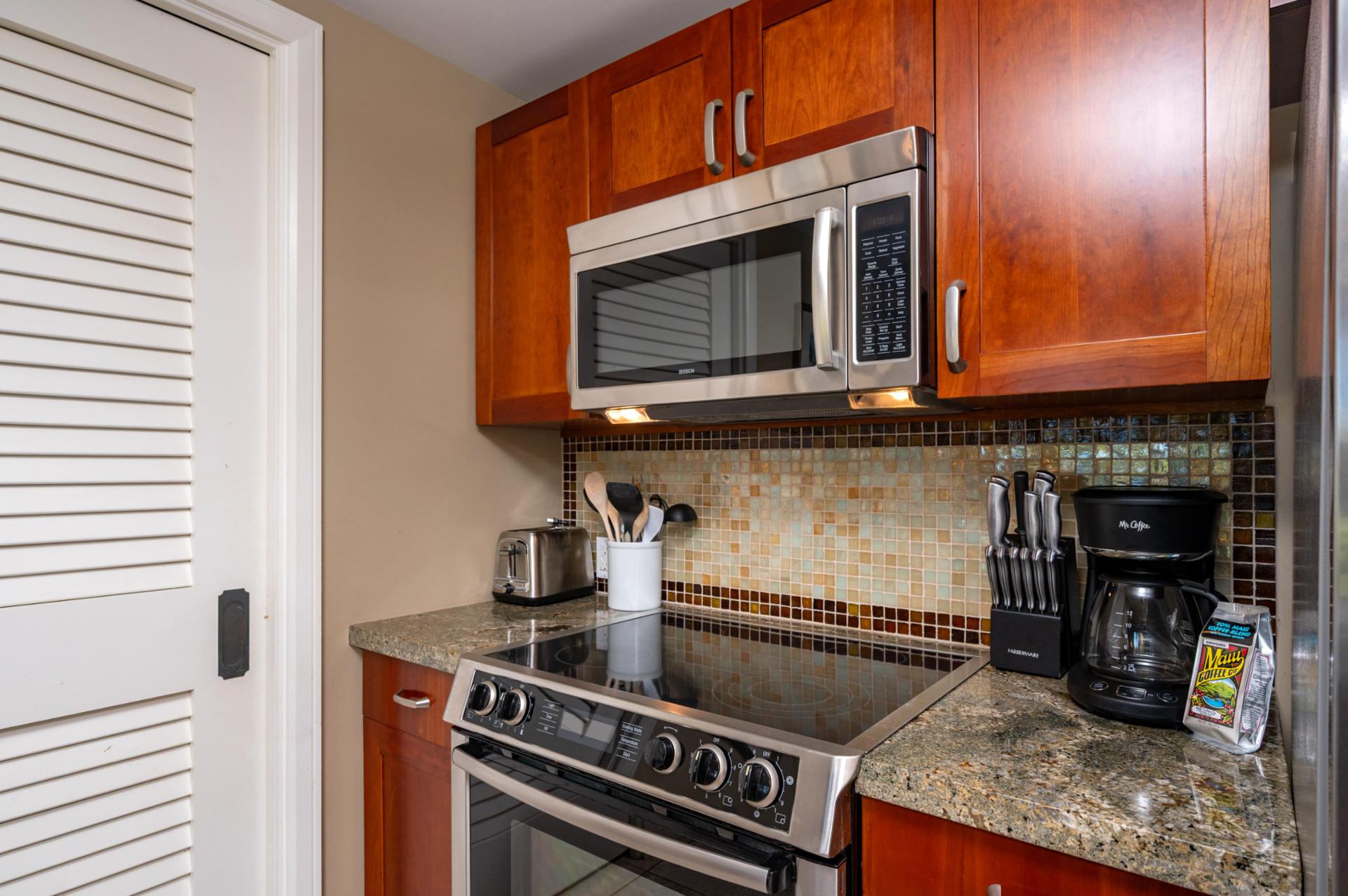 Stainless steel appliances and ample counter space make meal prep simple and enjoyable.