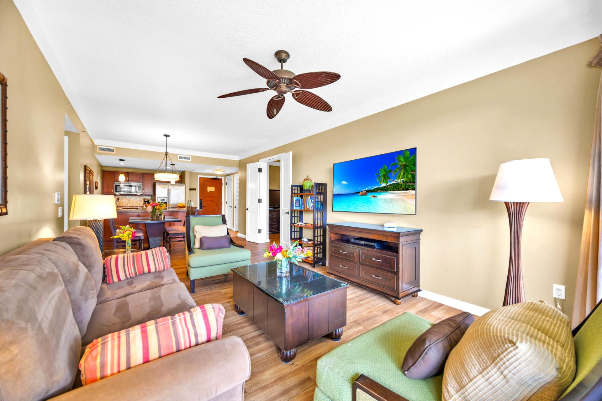 Host family dinners or share takeout around the table for six in the open-concept dining space.