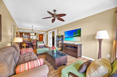 Host family dinners or share takeout around the table for six in the open-concept dining space.
