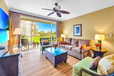 Your living room features a comfortable sectional with a sofa sleeper for two and a 65" Smart TV for movie nights in.