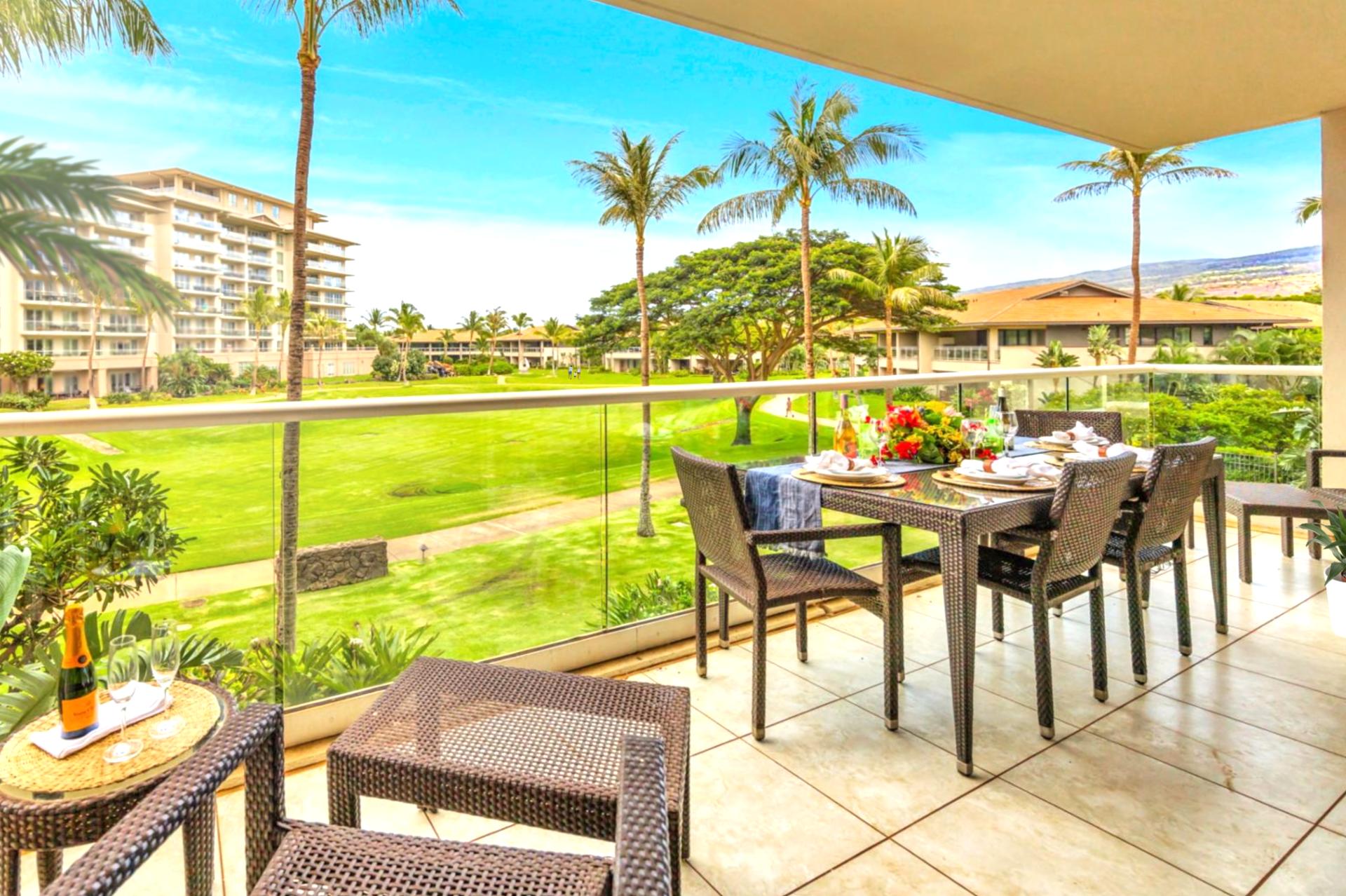 Dine or sip cocktails alfresco on your lanai while soaking in tropical breezes and views of Honua Kai’s lush landscaping.