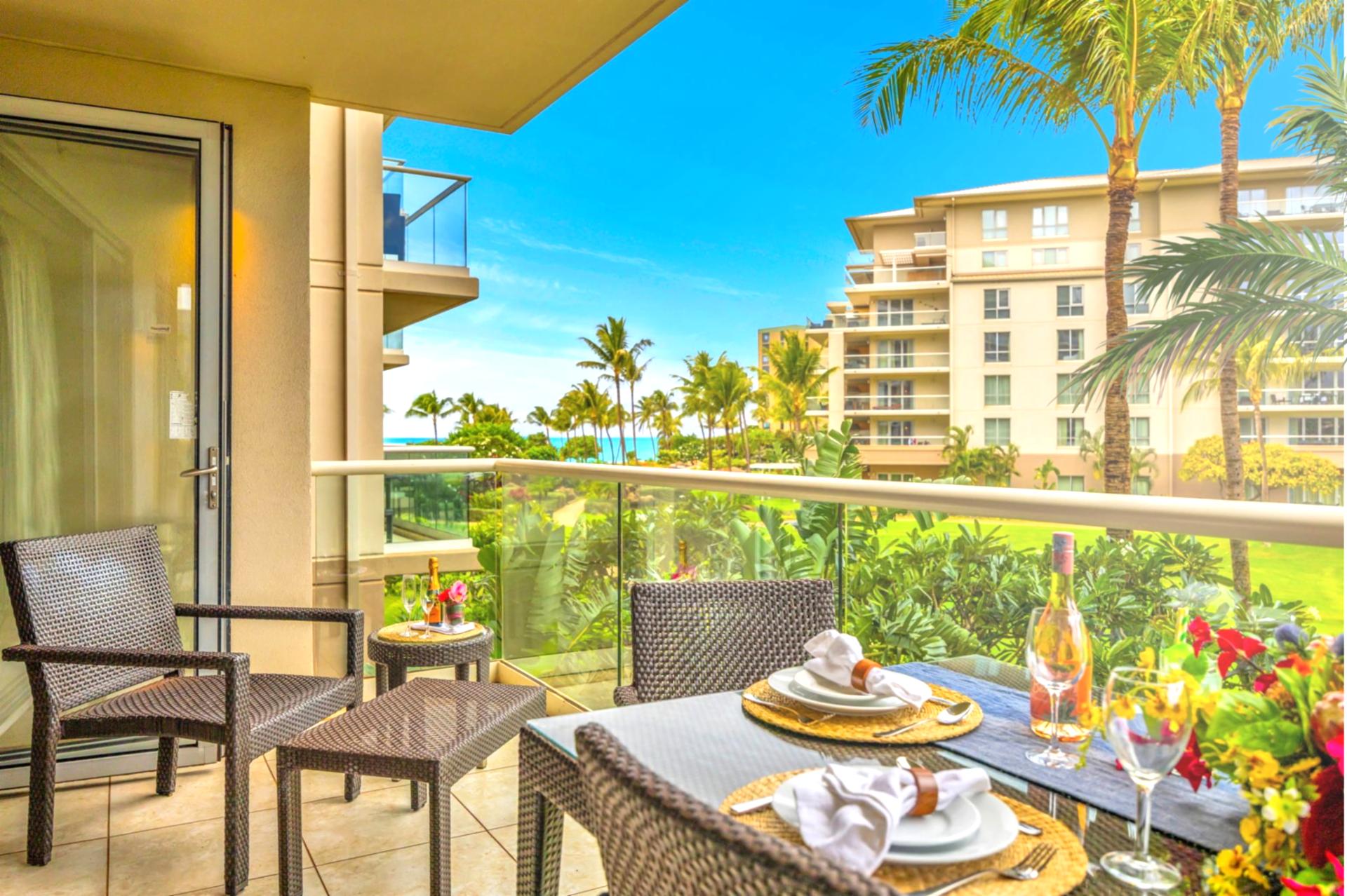 The open lanai lets you enjoy the fresh Maui air while overlooking the resort grounds and beyond to the sparkling Pacific.